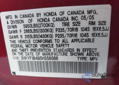 2005 Honda Pilot Ex из США, поврежденный, VIN 2HKYF18495H558566